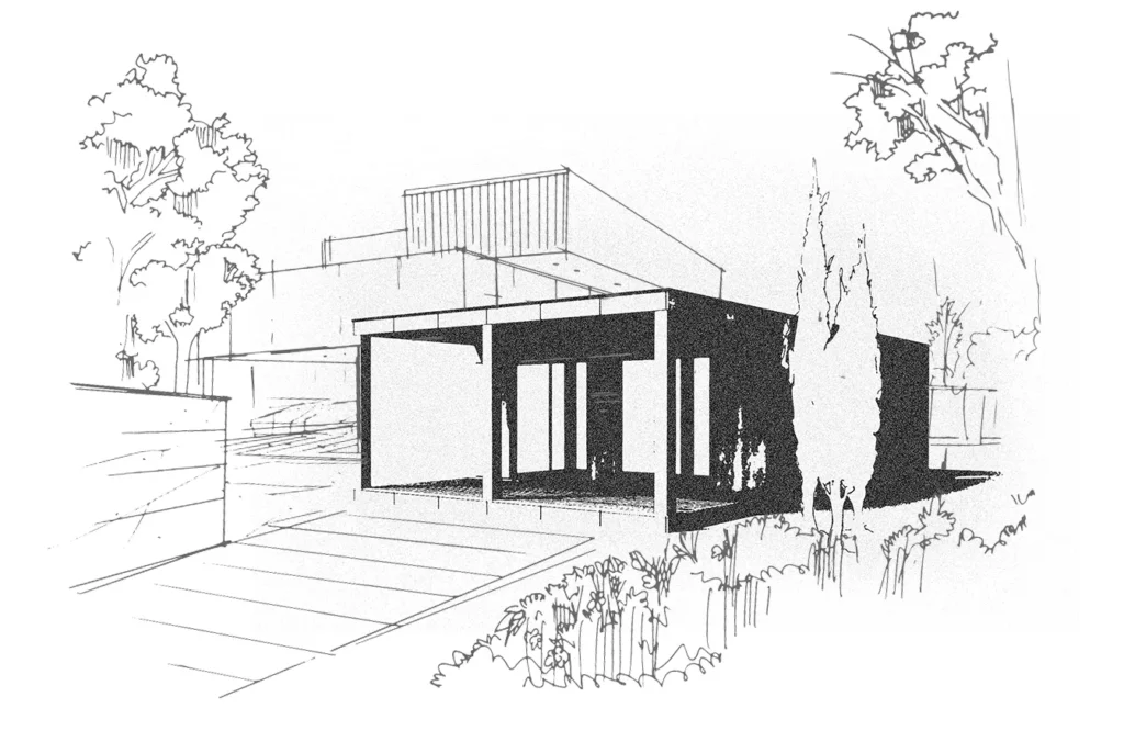Illustration noir et blanc module intégré dans architecture